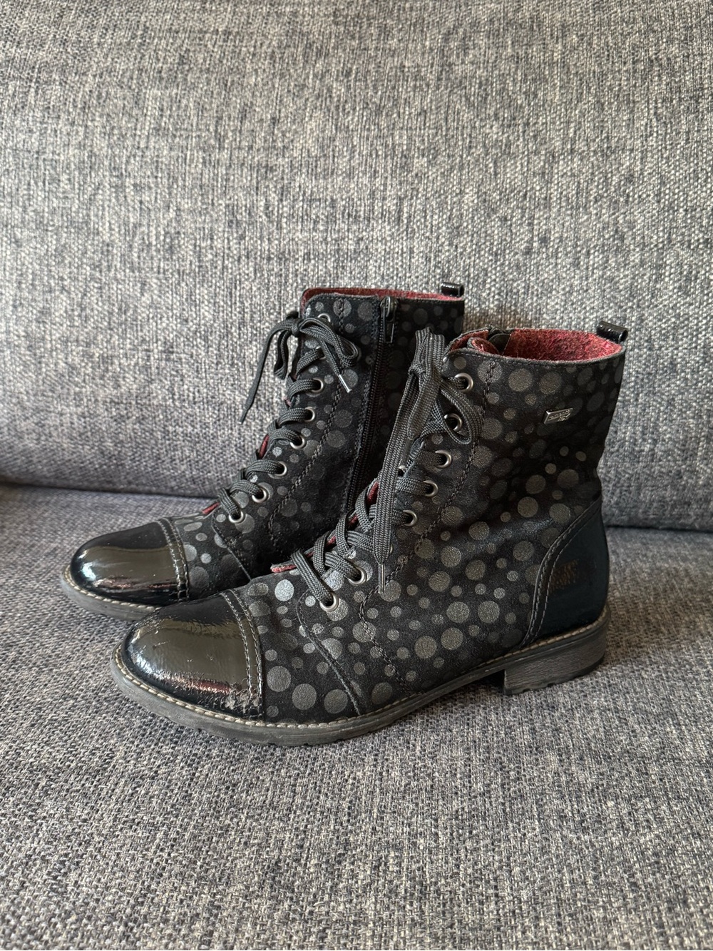Remonte Black Grey Polka Dot Lace-Up Ankle Combat Boots